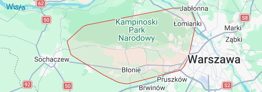 Przybliżony obszar działalności dobry-sprzet.pl obejmujący Wiktorów, Warszawę i okolice.